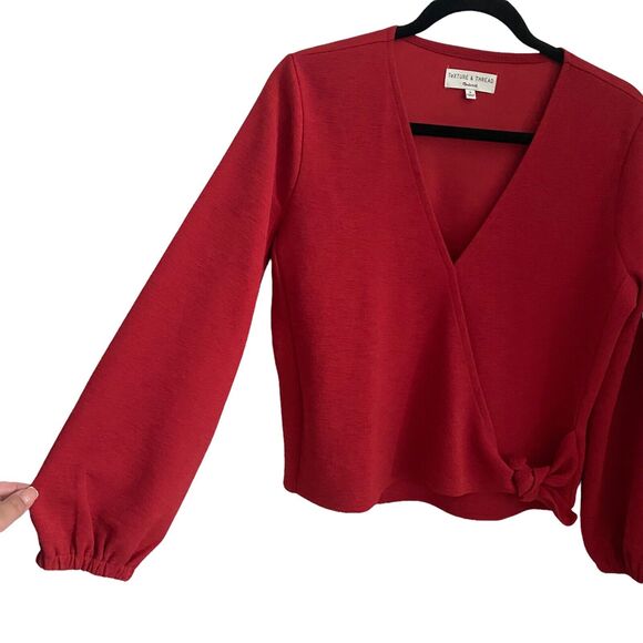 Madewell Small Blouse Crepe Wrap Top Red Balloon Sleeve Texture - Picture 4 of 8